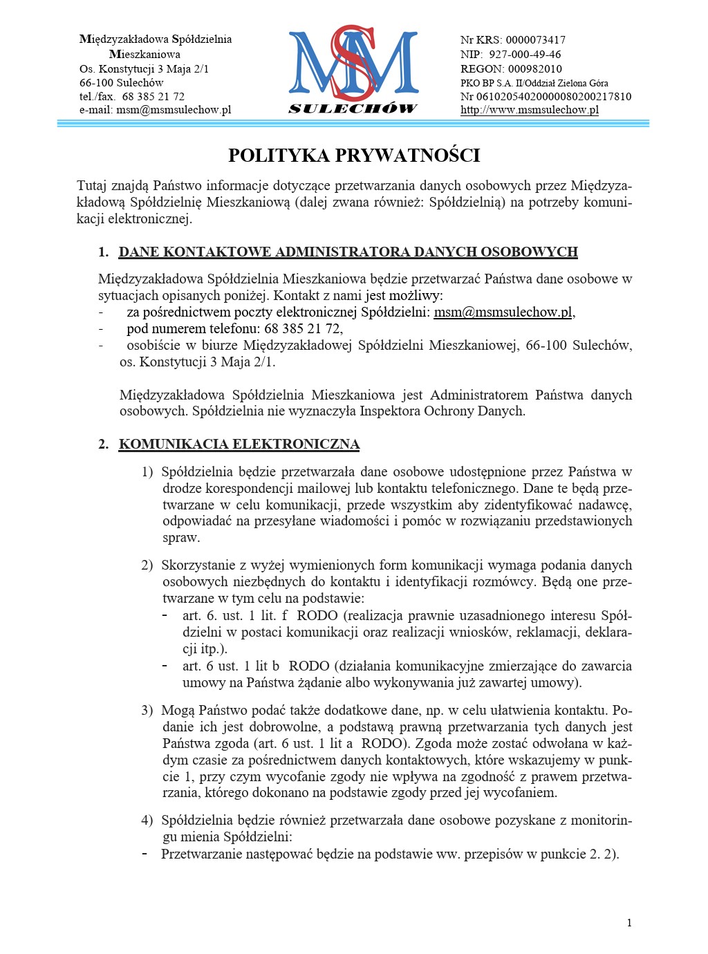 Polityka prywatności strona 1